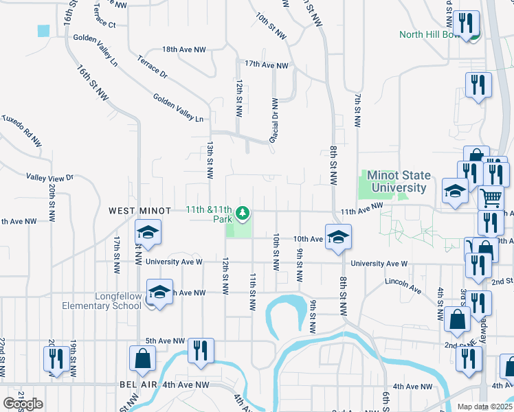 map of restaurants, bars, coffee shops, grocery stores, and more near 1012 11th Avenue Northwest in Minot