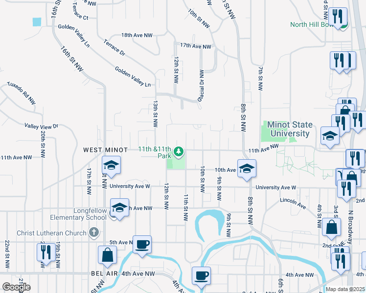 map of restaurants, bars, coffee shops, grocery stores, and more near 1108 11th Avenue Northwest in Minot