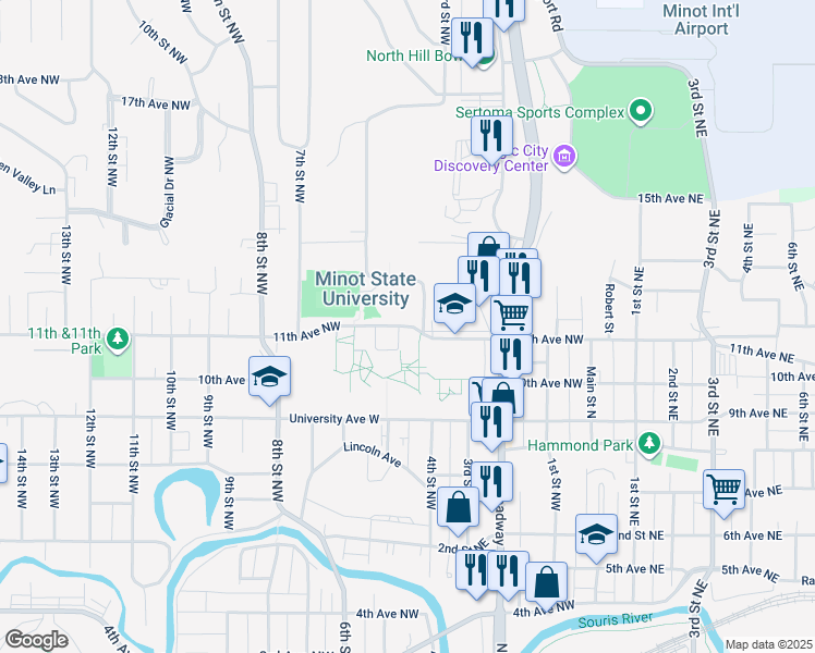 map of restaurants, bars, coffee shops, grocery stores, and more near 11th Avenue Northwest in Minot