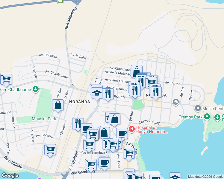 map of restaurants, bars, coffee shops, grocery stores, and more near 54 Avenue Chateauguay in Rouyn-Noranda