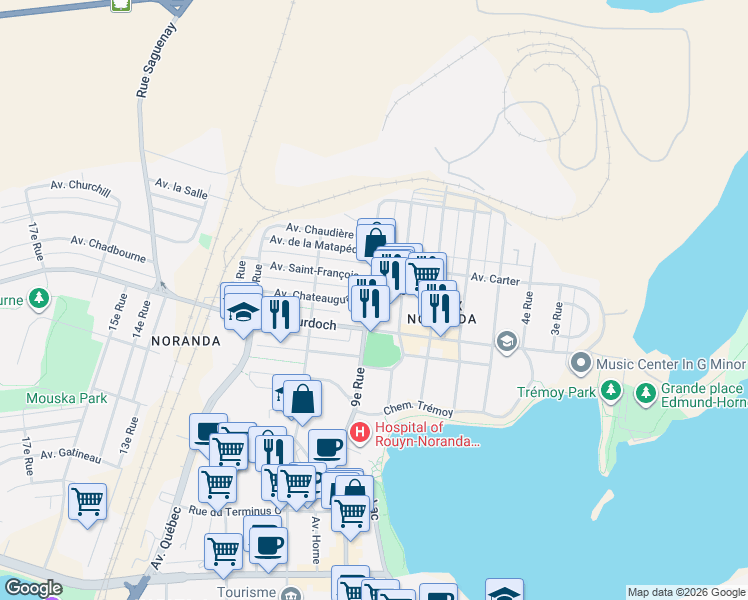 map of restaurants, bars, coffee shops, grocery stores, and more near 128 9e Rue in Rouyn-Noranda