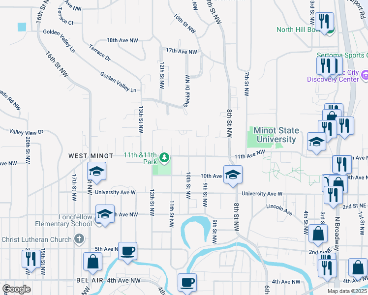 map of restaurants, bars, coffee shops, grocery stores, and more near 1012 11th Avenue Northwest in Minot