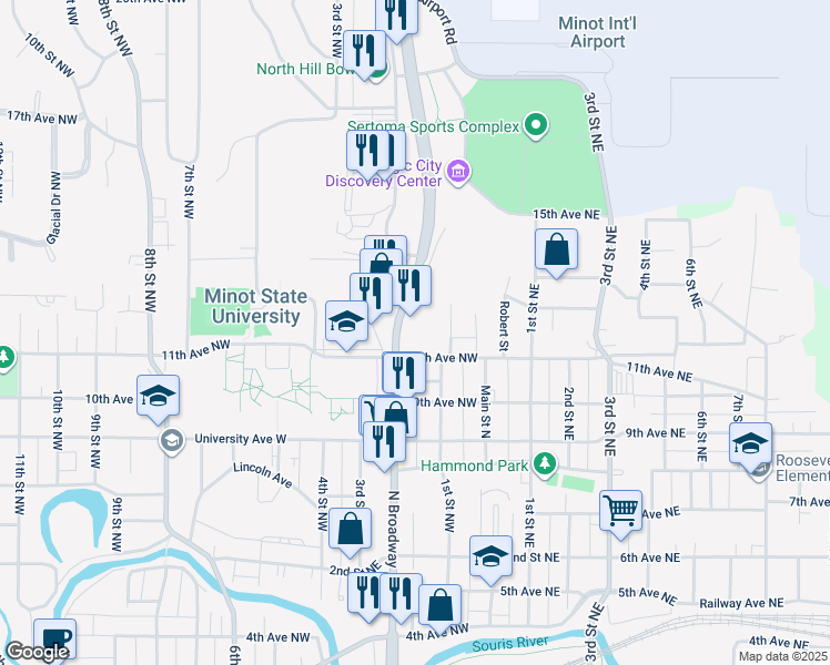 map of restaurants, bars, coffee shops, grocery stores, and more near 1100 North Broadway in Minot