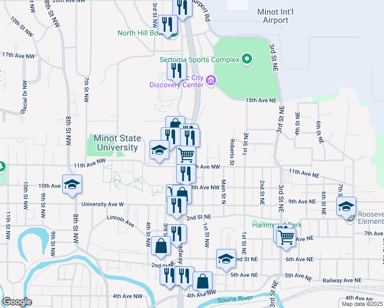map of restaurants, bars, coffee shops, grocery stores, and more near 1100 North Broadway in Minot