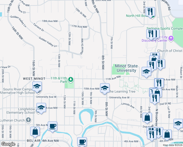 map of restaurants, bars, coffee shops, grocery stores, and more near 1204 9th Street Northwest in Minot