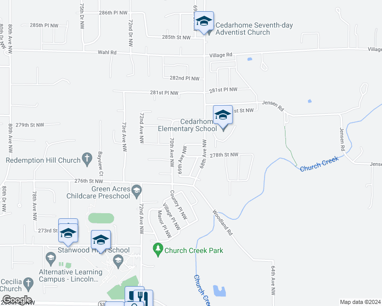 map of restaurants, bars, coffee shops, grocery stores, and more near 6821 278th Street Northwest in Stanwood