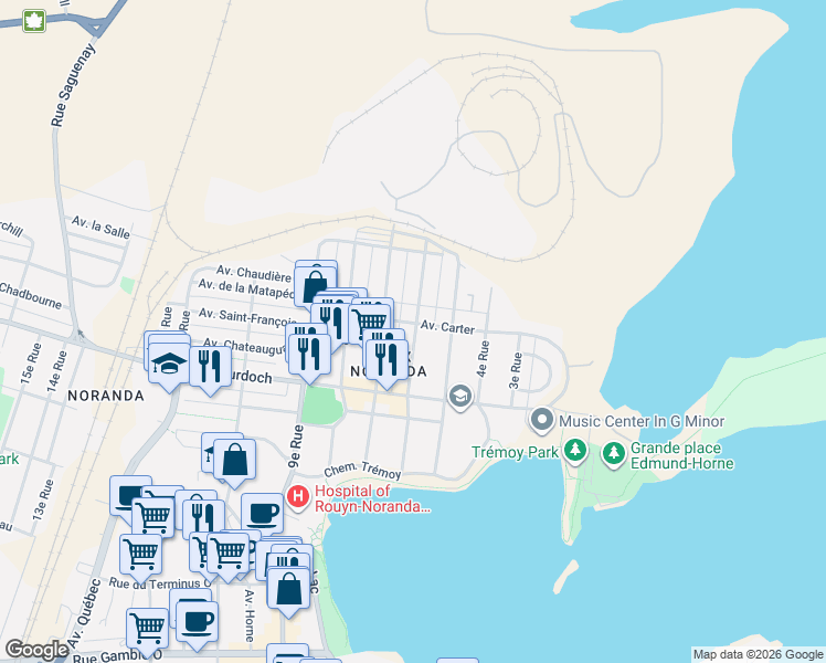 map of restaurants, bars, coffee shops, grocery stores, and more near 122 Avenue Carter in Rouyn-Noranda