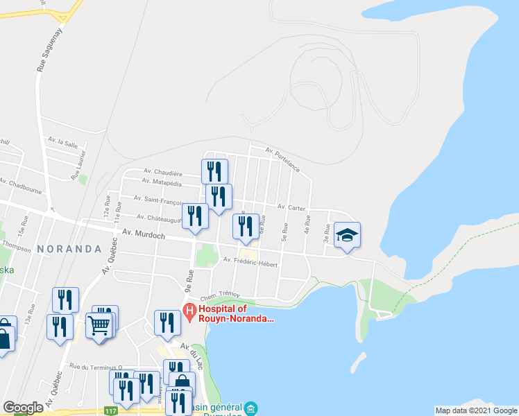 map of restaurants, bars, coffee shops, grocery stores, and more near 126 Avenue Carter in Rouyn-Noranda