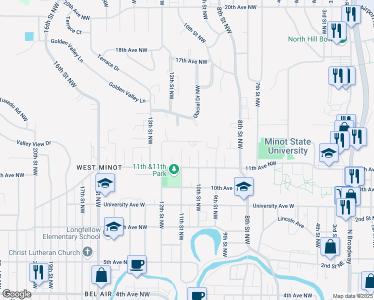 map of restaurants, bars, coffee shops, grocery stores, and more near 7 Glacial Point in Minot