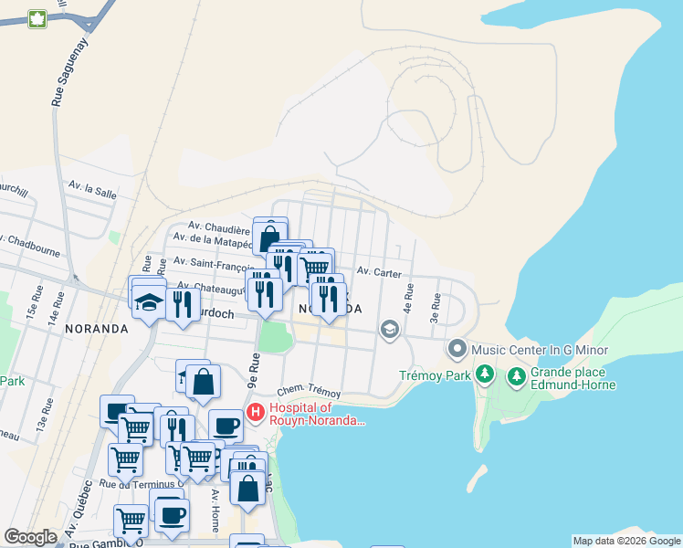map of restaurants, bars, coffee shops, grocery stores, and more near 132 Avenue Carter in Rouyn-Noranda