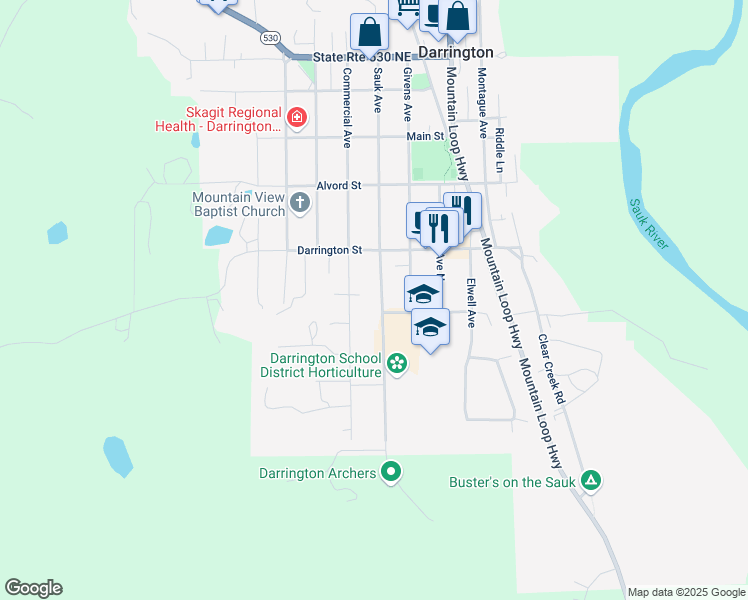map of restaurants, bars, coffee shops, grocery stores, and more near 665 Sauk Avenue in Darrington