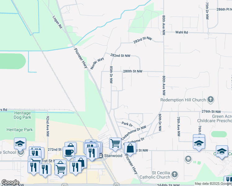 map of restaurants, bars, coffee shops, grocery stores, and more near 27810 84th Avenue Northwest in Stanwood
