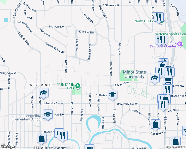 map of restaurants, bars, coffee shops, grocery stores, and more near 935 Delmar Court Northwest in Minot
