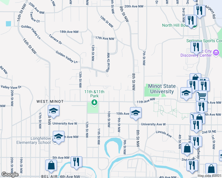 map of restaurants, bars, coffee shops, grocery stores, and more near 935 Delmar Court Northwest in Minot