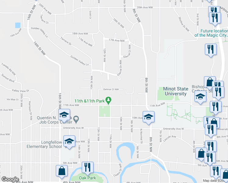 map of restaurants, bars, coffee shops, grocery stores, and more near 7 Glacial Point in Minot