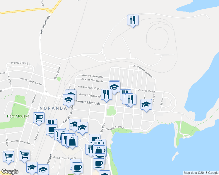 map of restaurants, bars, coffee shops, grocery stores, and more near 230 Avenue Carter in Rouyn-Noranda