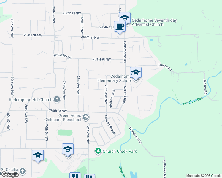 map of restaurants, bars, coffee shops, grocery stores, and more near 27818 69th Avenue Northwest in Stanwood