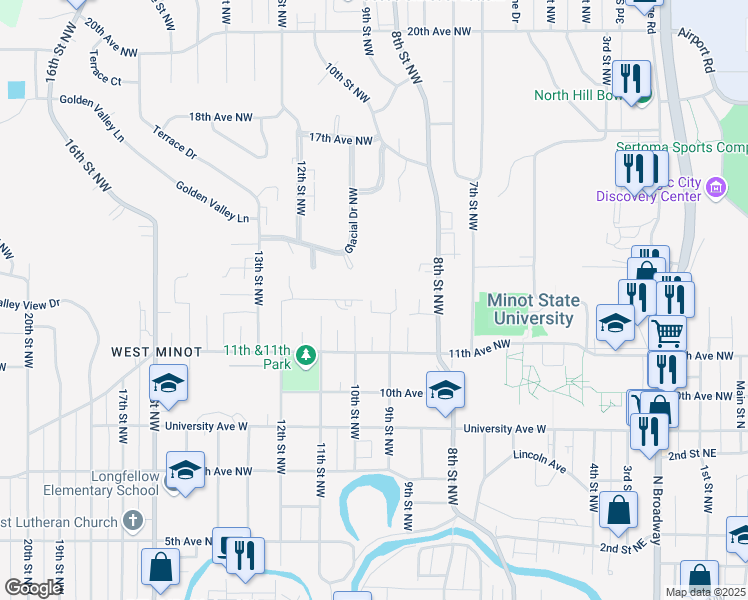 map of restaurants, bars, coffee shops, grocery stores, and more near 935 Delmar Court Northwest in Minot