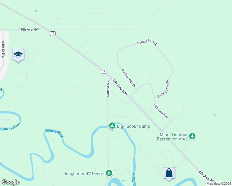 map of restaurants, bars, coffee shops, grocery stores, and more near 1212 54th Street Northwest in Minot