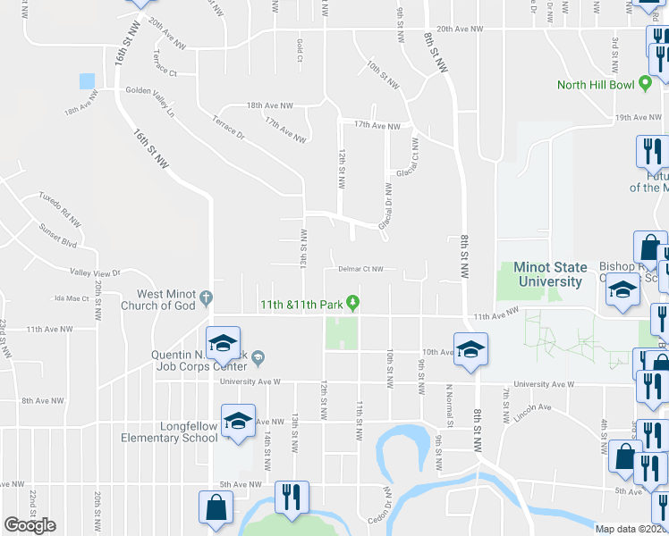 map of restaurants, bars, coffee shops, grocery stores, and more near 1100 Delmar Court in Minot