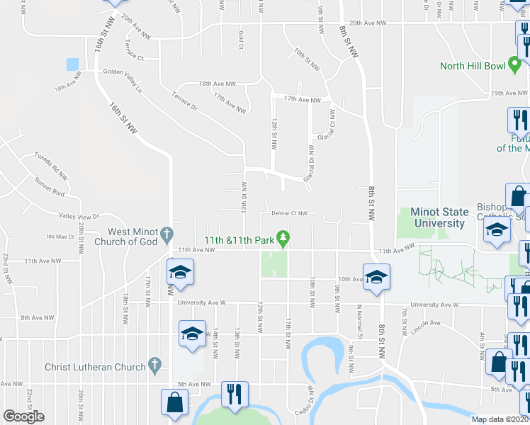 map of restaurants, bars, coffee shops, grocery stores, and more near 935 Delmar Court Northwest in Minot