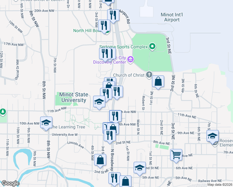 map of restaurants, bars, coffee shops, grocery stores, and more near 1562 2nd Street Northwest in Minot