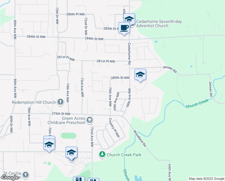 map of restaurants, bars, coffee shops, grocery stores, and more near 27801 71st Avenue Northwest in Stanwood