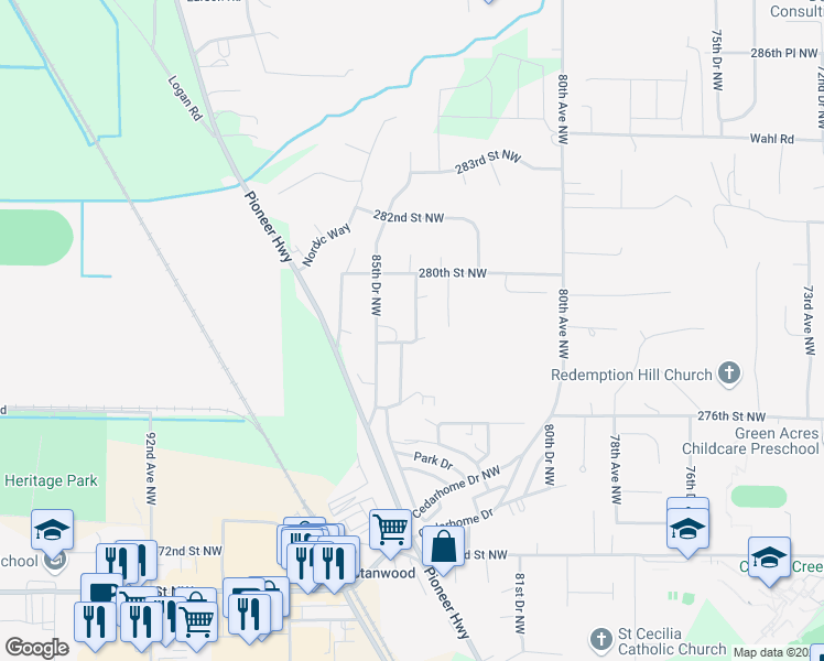 map of restaurants, bars, coffee shops, grocery stores, and more near 27810 84th Avenue Northwest in Stanwood
