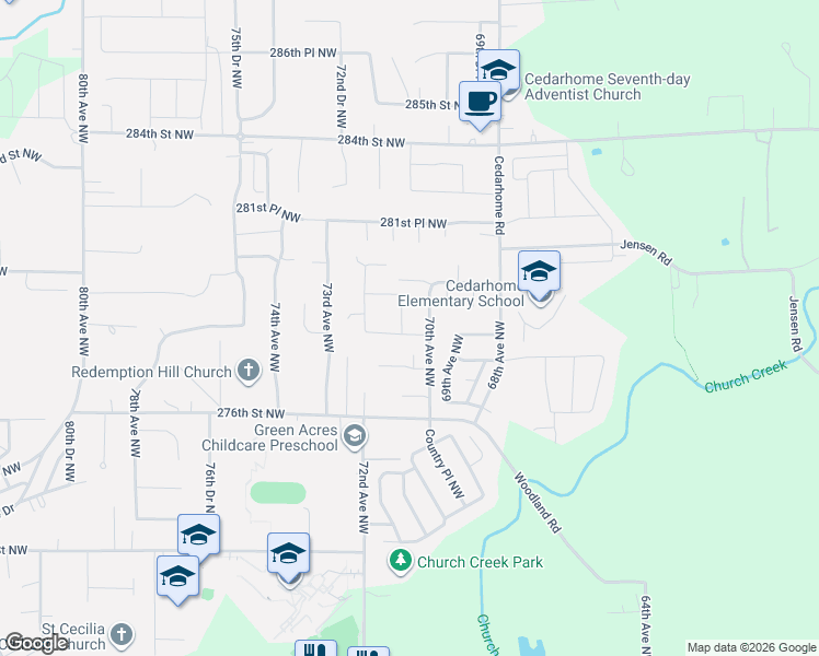 map of restaurants, bars, coffee shops, grocery stores, and more near 27801 71st Avenue Northwest in Stanwood