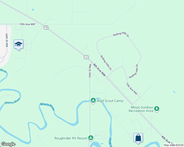 map of restaurants, bars, coffee shops, grocery stores, and more near 1212 54th Street Northwest in Minot