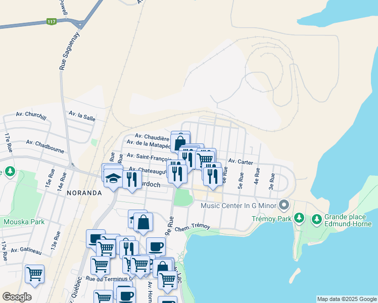 map of restaurants, bars, coffee shops, grocery stores, and more near 215 Avenue Carter in Rouyn-Noranda