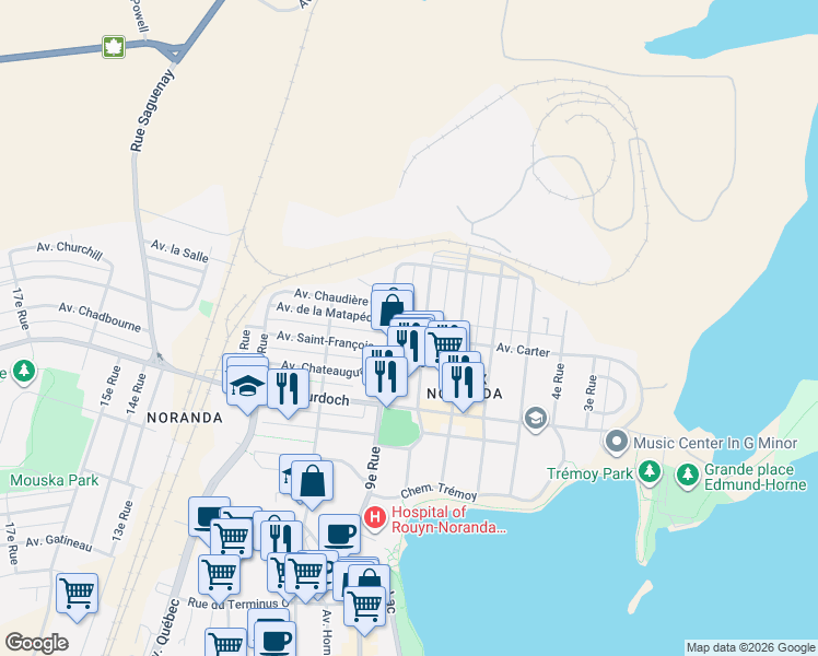 map of restaurants, bars, coffee shops, grocery stores, and more near 215 Avenue Carter in Rouyn-Noranda