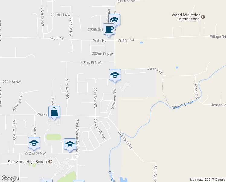 map of restaurants, bars, coffee shops, grocery stores, and more near 6801 279th Street Northwest in Stanwood