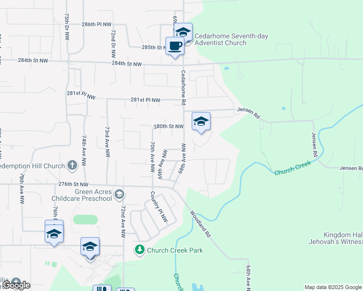 map of restaurants, bars, coffee shops, grocery stores, and more near 6801 279th Street Northwest in Stanwood