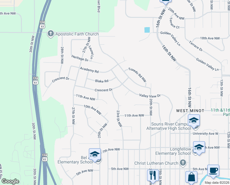map of restaurants, bars, coffee shops, grocery stores, and more near 1140 23rd Street Northwest in Minot