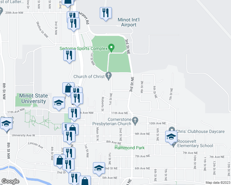 map of restaurants, bars, coffee shops, grocery stores, and more near 104 13th Avenue Northeast in Minot