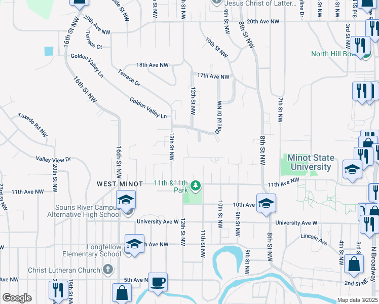 map of restaurants, bars, coffee shops, grocery stores, and more near 1112 Delmar Court in Minot