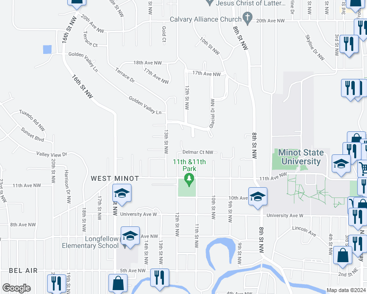 map of restaurants, bars, coffee shops, grocery stores, and more near 1112 Delmar Court in Minot