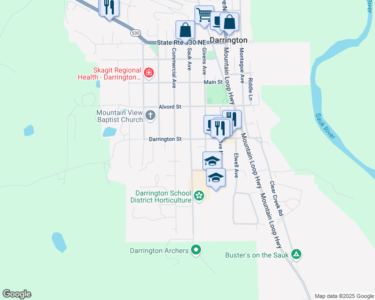 map of restaurants, bars, coffee shops, grocery stores, and more near 665 Sauk Avenue in Darrington