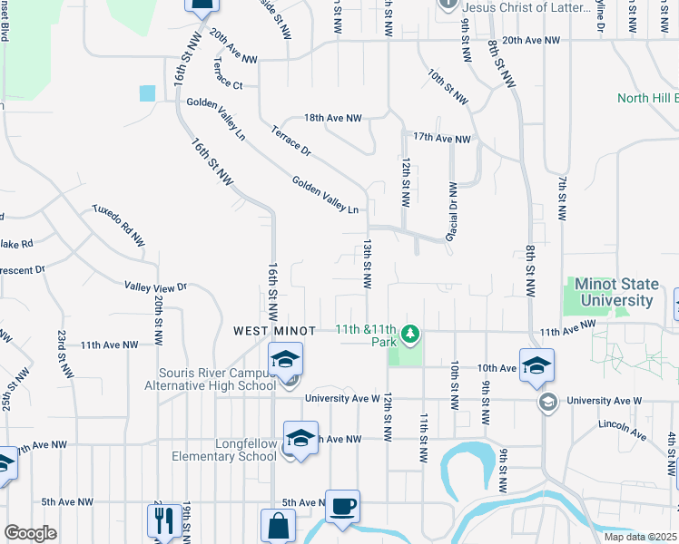 map of restaurants, bars, coffee shops, grocery stores, and more near 1400 13th Avenue Northwest in Minot