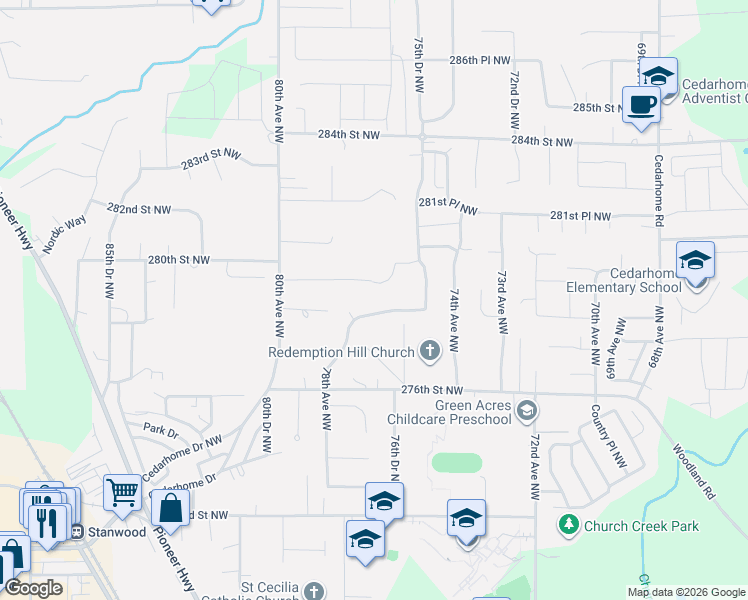 map of restaurants, bars, coffee shops, grocery stores, and more near 7703 278th Place Northwest in Stanwood