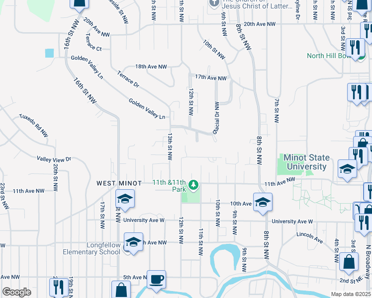 map of restaurants, bars, coffee shops, grocery stores, and more near 1112 Delmar Court in Minot