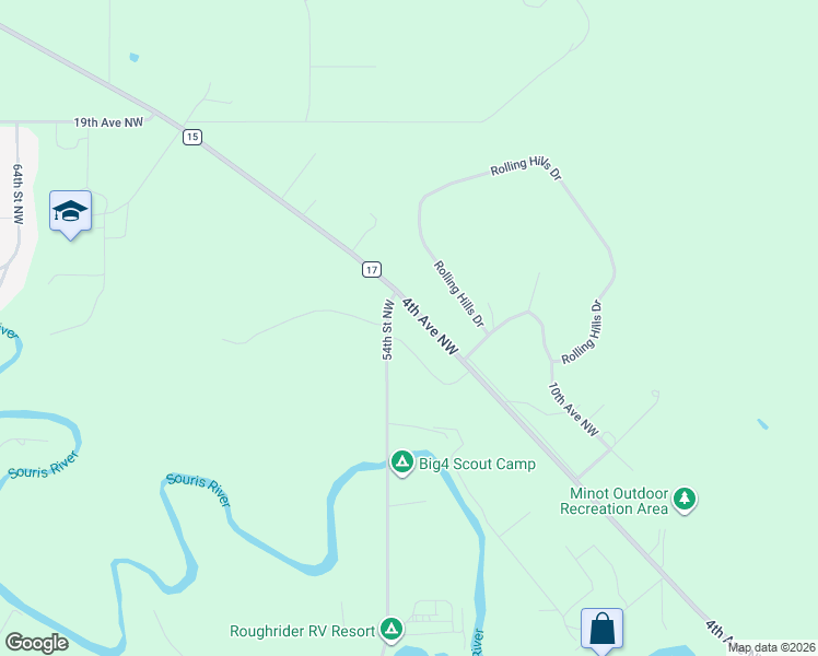 map of restaurants, bars, coffee shops, grocery stores, and more near 1212 54th Street Northwest in Minot