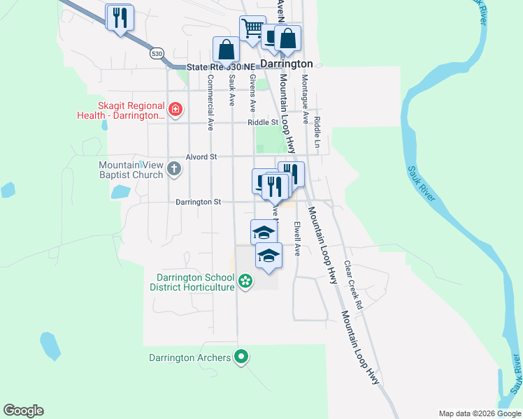 map of restaurants, bars, coffee shops, grocery stores, and more near 655 Givens Avenue in Darrington