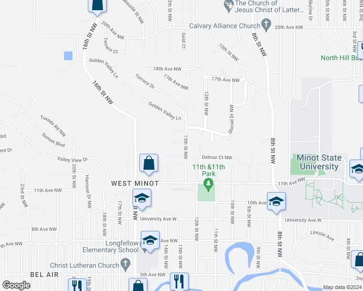 map of restaurants, bars, coffee shops, grocery stores, and more near 1300 13th Street Northwest in Minot