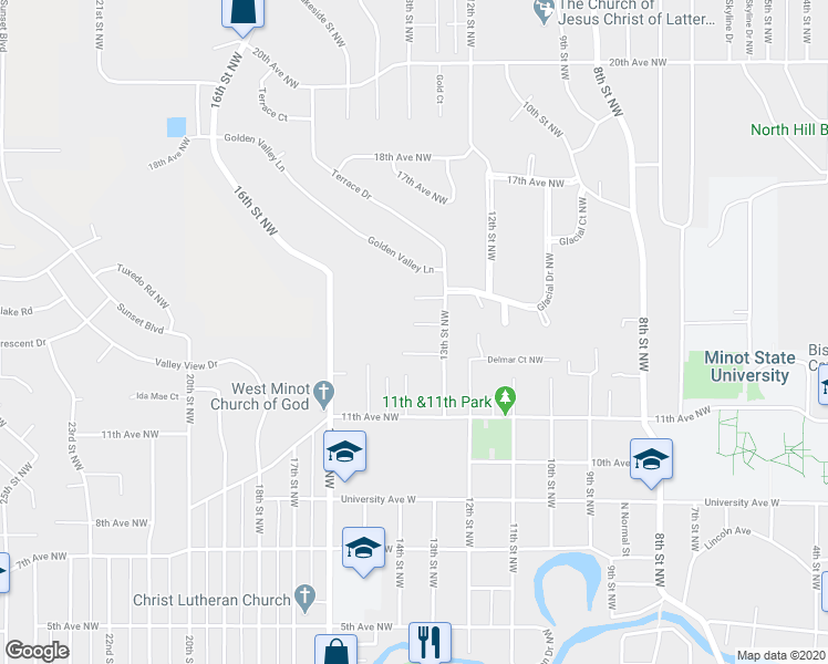 map of restaurants, bars, coffee shops, grocery stores, and more near 1400 13th Avenue Northwest in Minot