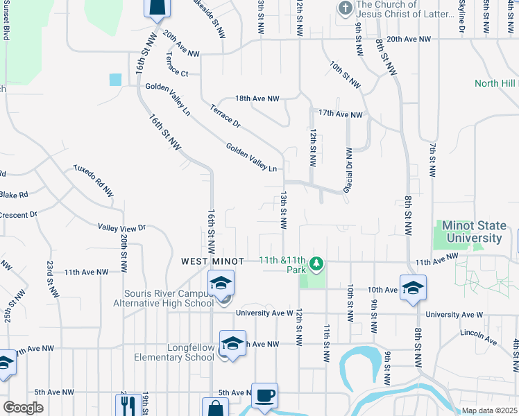 map of restaurants, bars, coffee shops, grocery stores, and more near 1400 13th Avenue Northwest in Minot