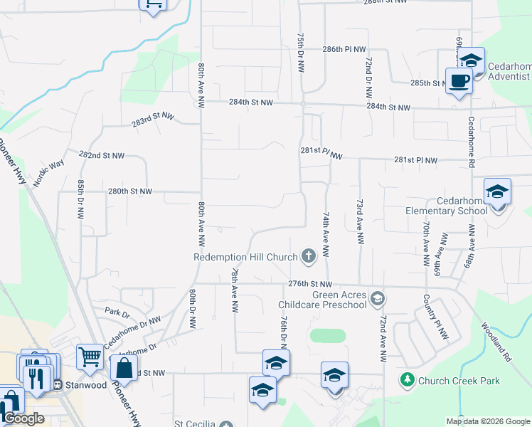 map of restaurants, bars, coffee shops, grocery stores, and more near 27905 76th Drive Northwest in Stanwood