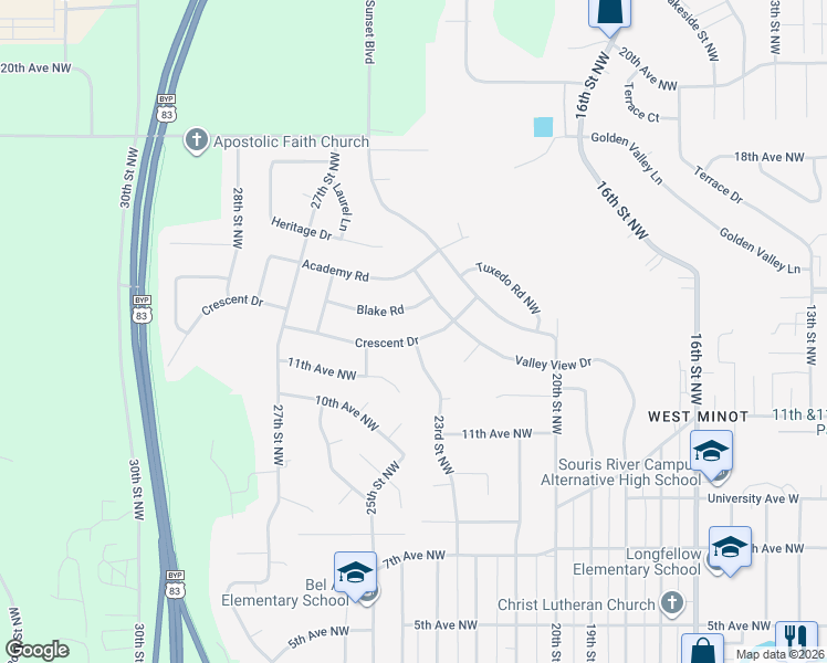 map of restaurants, bars, coffee shops, grocery stores, and more near 1140 23rd Street Northwest in Minot