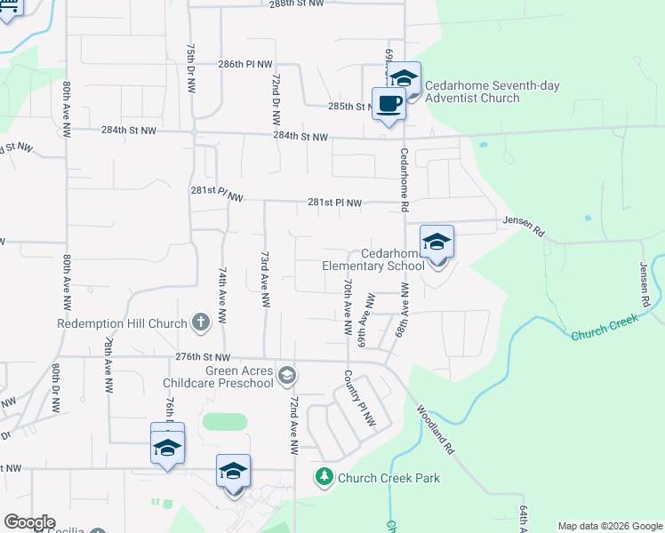 map of restaurants, bars, coffee shops, grocery stores, and more near 27801 71st Avenue Northwest in Stanwood